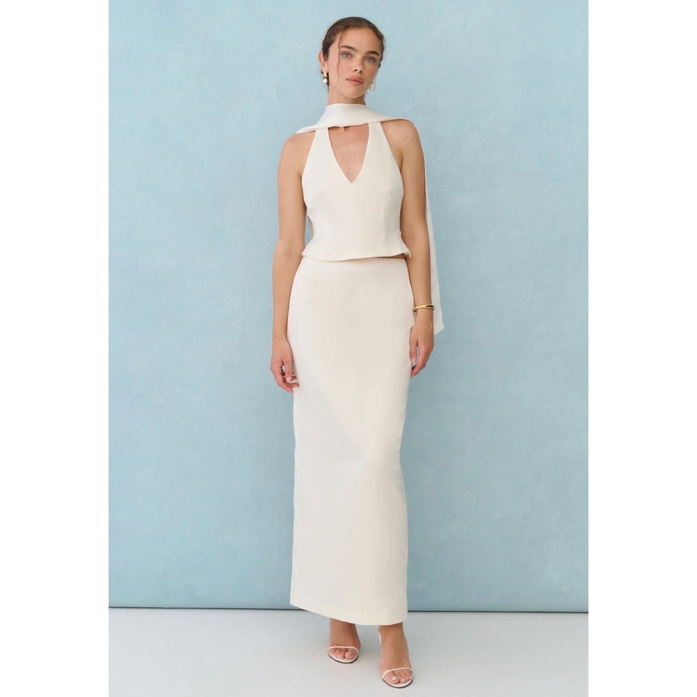 Few Moda x Little White Looks Satin Halter Crop Top & Maxi Skirt Set Ivory 4